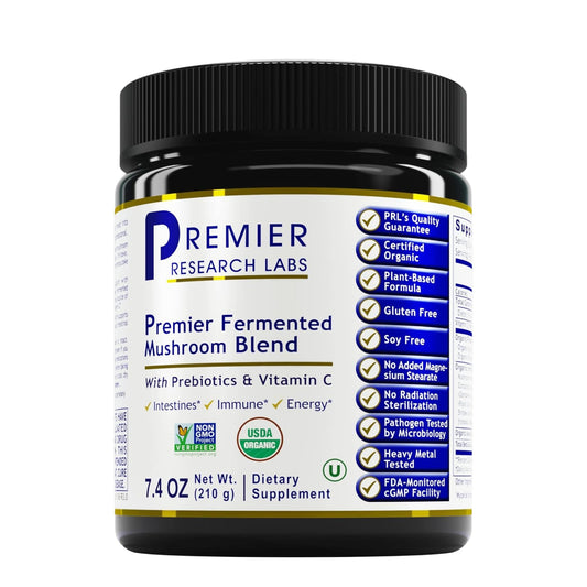 Premier Research Labs fermented reishi powder ready for daily immune and gut health routines.