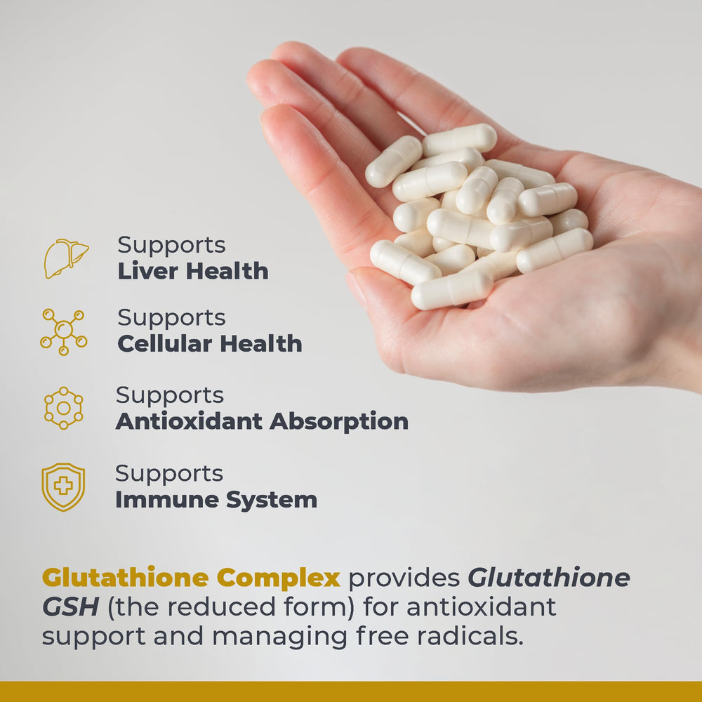 Premier Research Labs Glutathione Complex bottle with a glass, suggesting daily wellness routines.