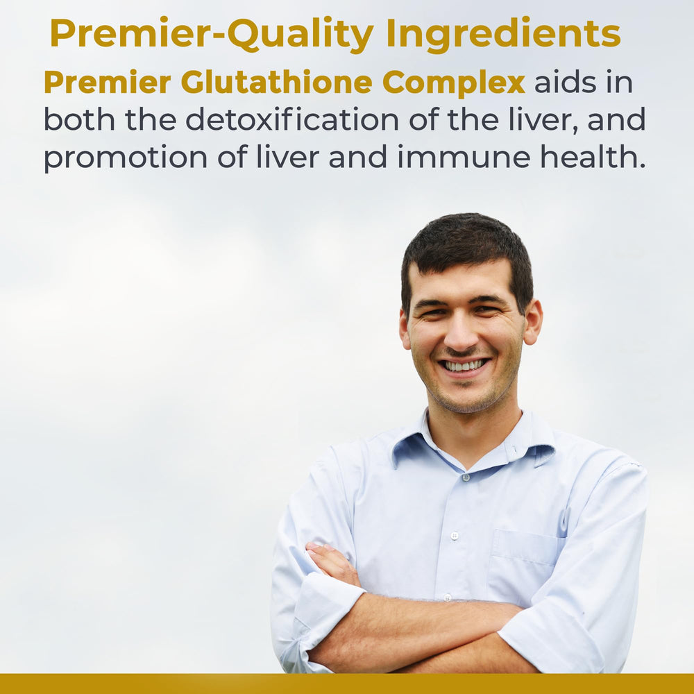 Premier Research Labs Glutathione Complex capsules on a white dish, emphasizing immune support.
