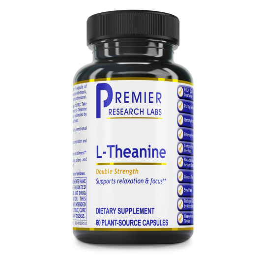 Premier Research Labs L-Theanine bottle with capsules for calm focus.