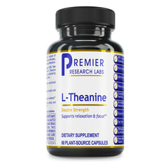 Premier Research Labs L-Theanine bottle with capsules for calm focus.