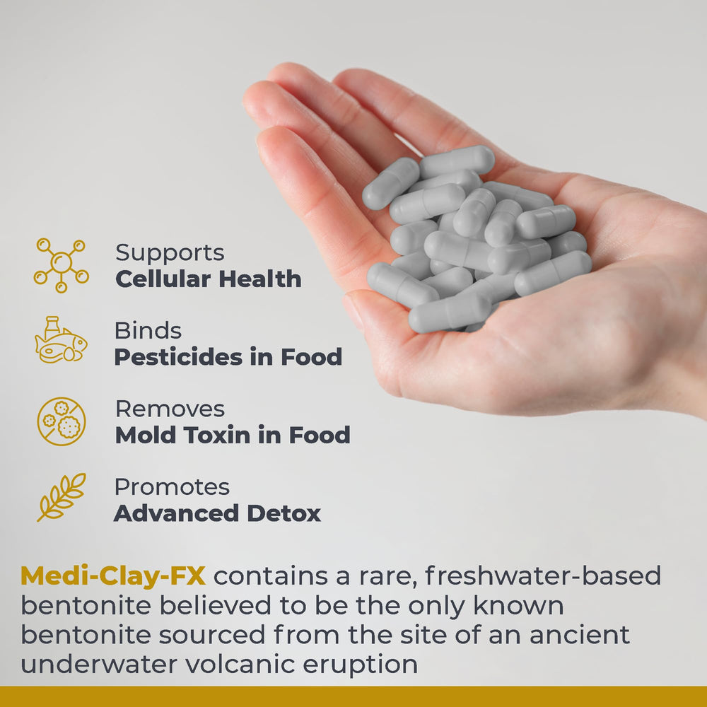 Daily routine image shows Medi-Clay-FX capsules with water for easy detox
