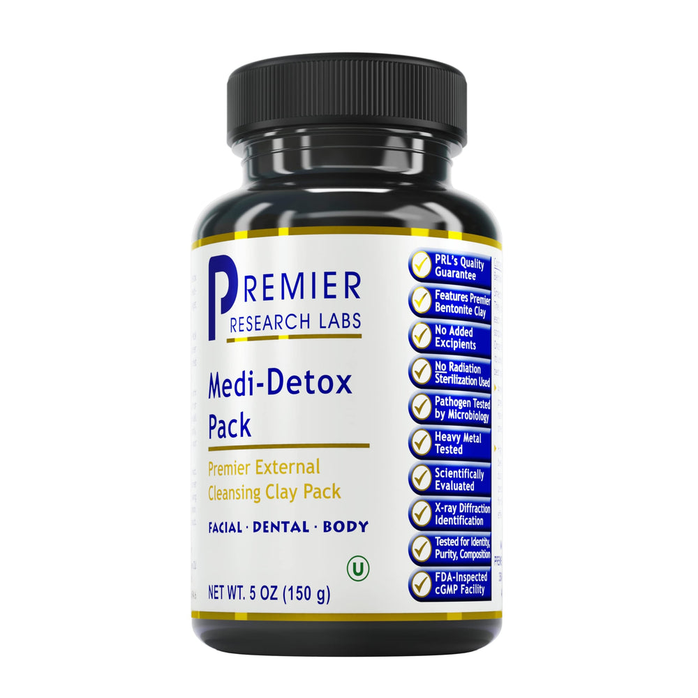 Premier Research Labs Medi-Dental Pack bottle shows the cleansing clay for versatile use.