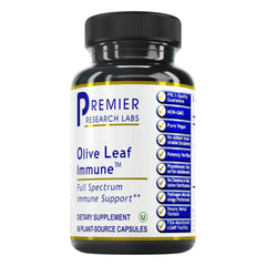 Premier Research Labs Olive Leaf Immune bottle front supports daily wellness.