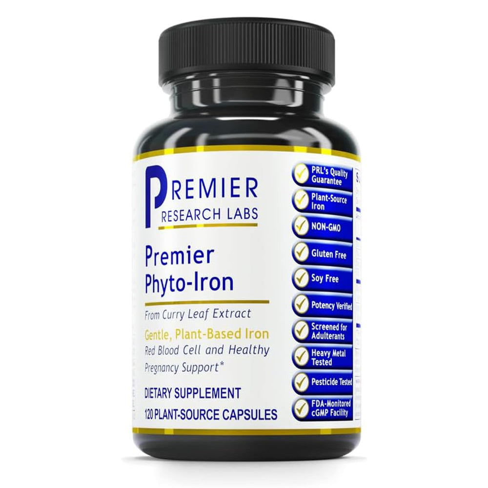 Premier Research Labs Phyto-Iron capsules close-up, plant-based iron for daily support.
