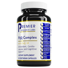 Premier Research Labs PQQ Complex with CoQ10 bottle label highlighting antioxidant support for heart and brain