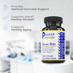 Close view of Premier DHEA capsules showing vegan formula