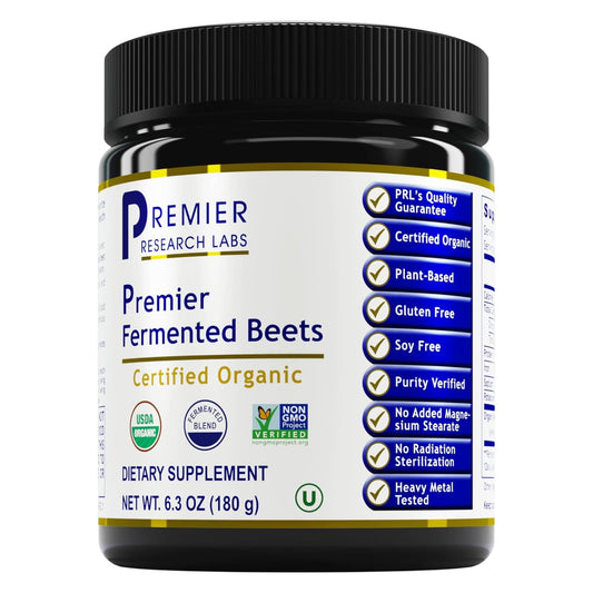 Premier Research Labs Premier Fermented Beets jar shows organic beet root powder for daily nutrition