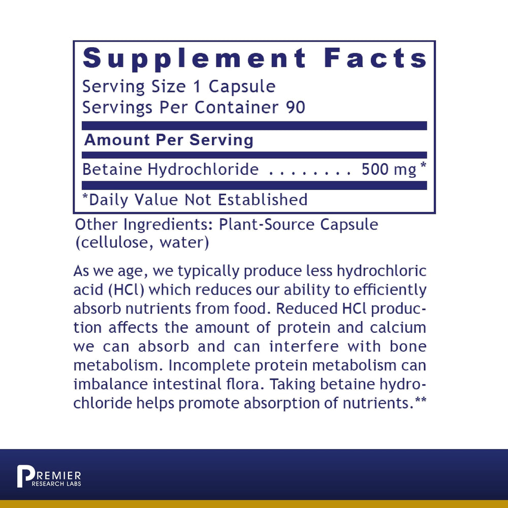 Close-up of Premier HCL capsules showing clean design for improved gut comfort.