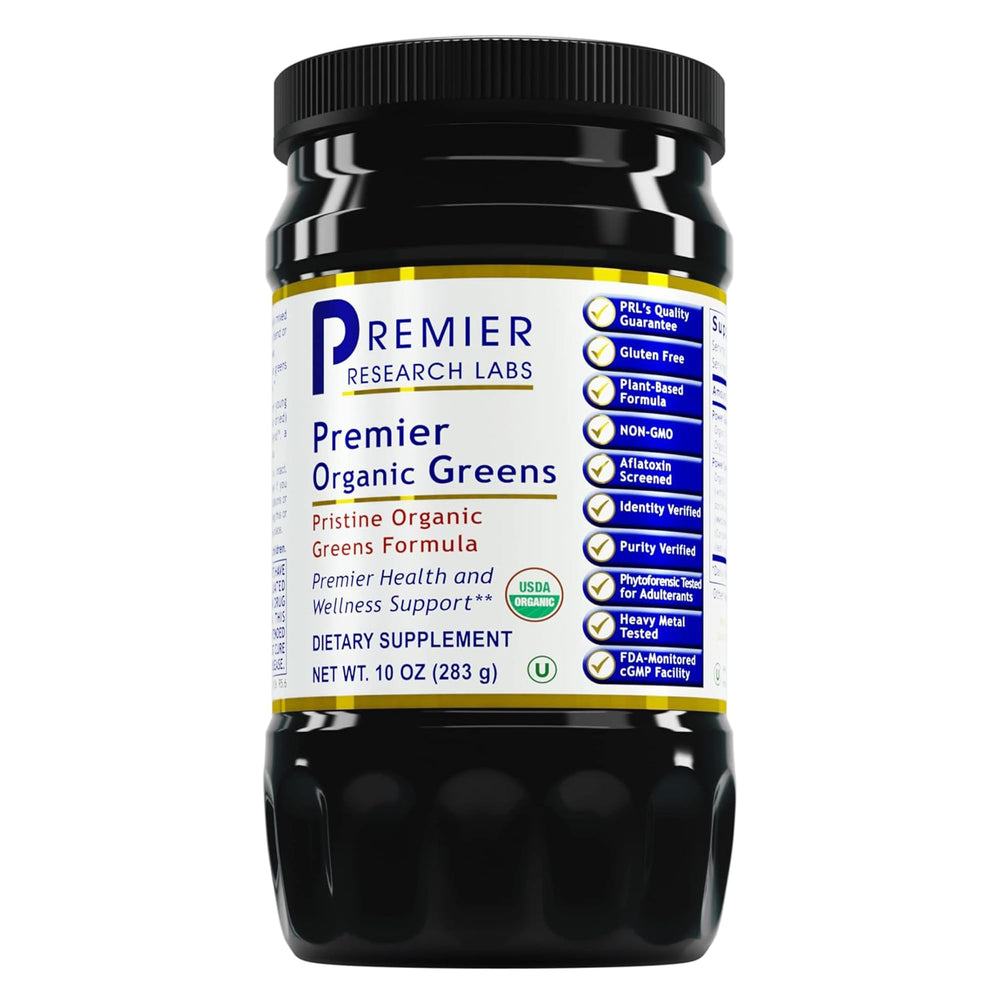 Premier Research Labs Premier Organic Greens bottle with vibrant greens for daily nutrition.