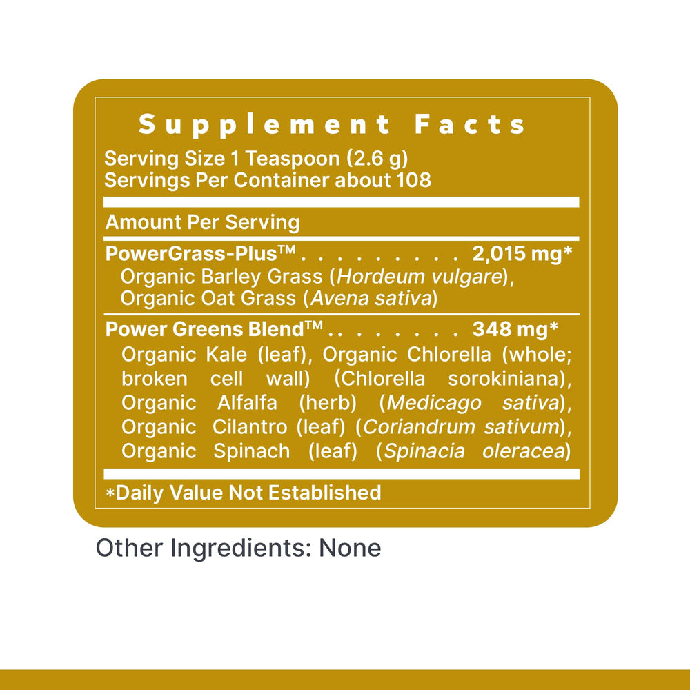 Premier Organic Greens label on premium packaging.