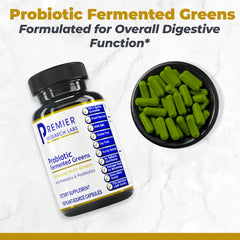 Premier Research Labs Probiotic Fermented Greens being poured, convenient daily supplement.