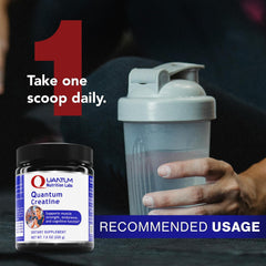Quantum Creatine powder mixing glass shows easy shake integration.