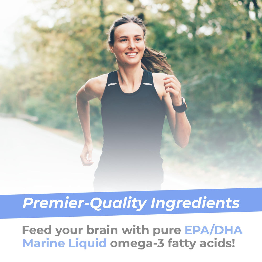 Graphic showing sustainably sourced ingredients for Premier Research Labs omega-3 liquid.