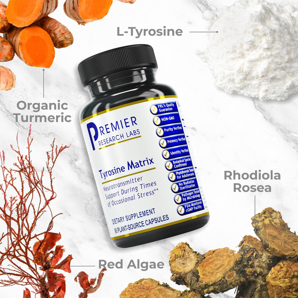 Premier Research Labs Tyrosine Matrix bottle with pill-count suggests daily routine.