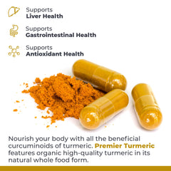 Premier Turmeric Capsules ingredient curcumin close-up illustrating antioxidant content.