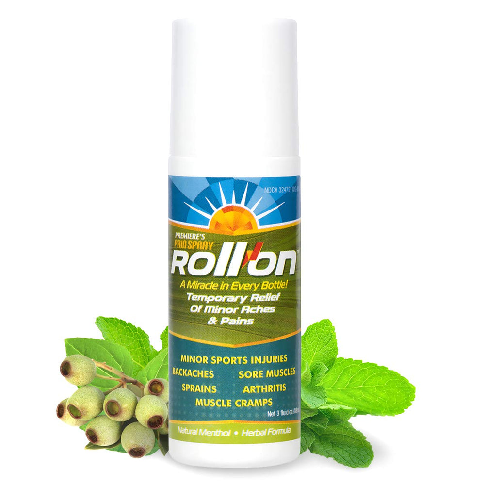 Premiere's Pain Spray menthol roller bottle closeup for fast localized relief on joints
