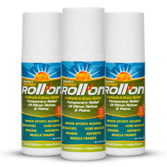 Premiere's Pain Spray bottle with menthol roller for on-the-spot relief after workouts.