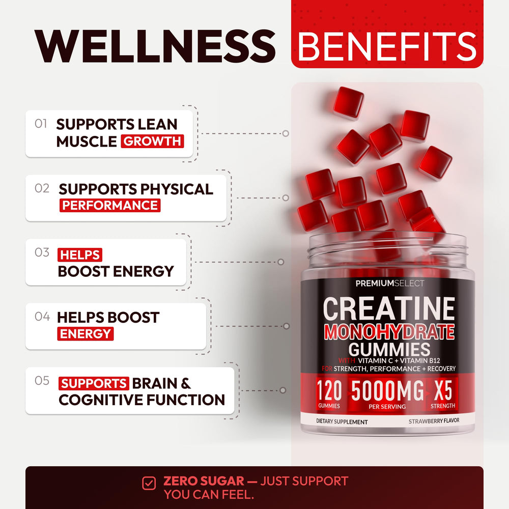 Premium Select Nutrition creatine gummies 60-count bottle on table ready for daily use