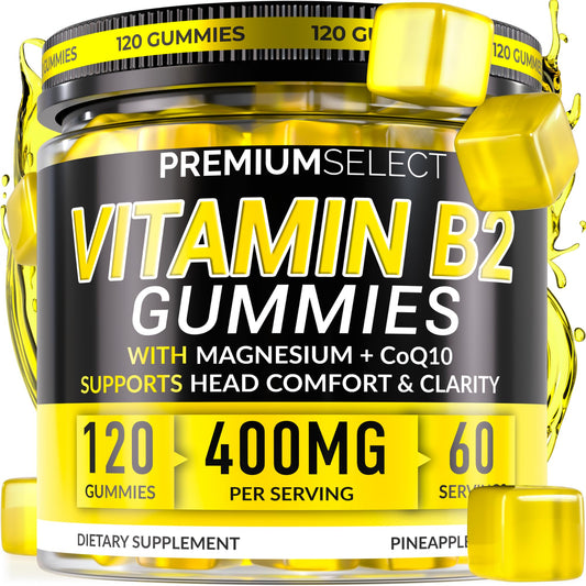 Premium Select Nutrition Vitamin B2 Gummies bottle close-up highlighting 400mg riboflavin per serving for energy metabolism