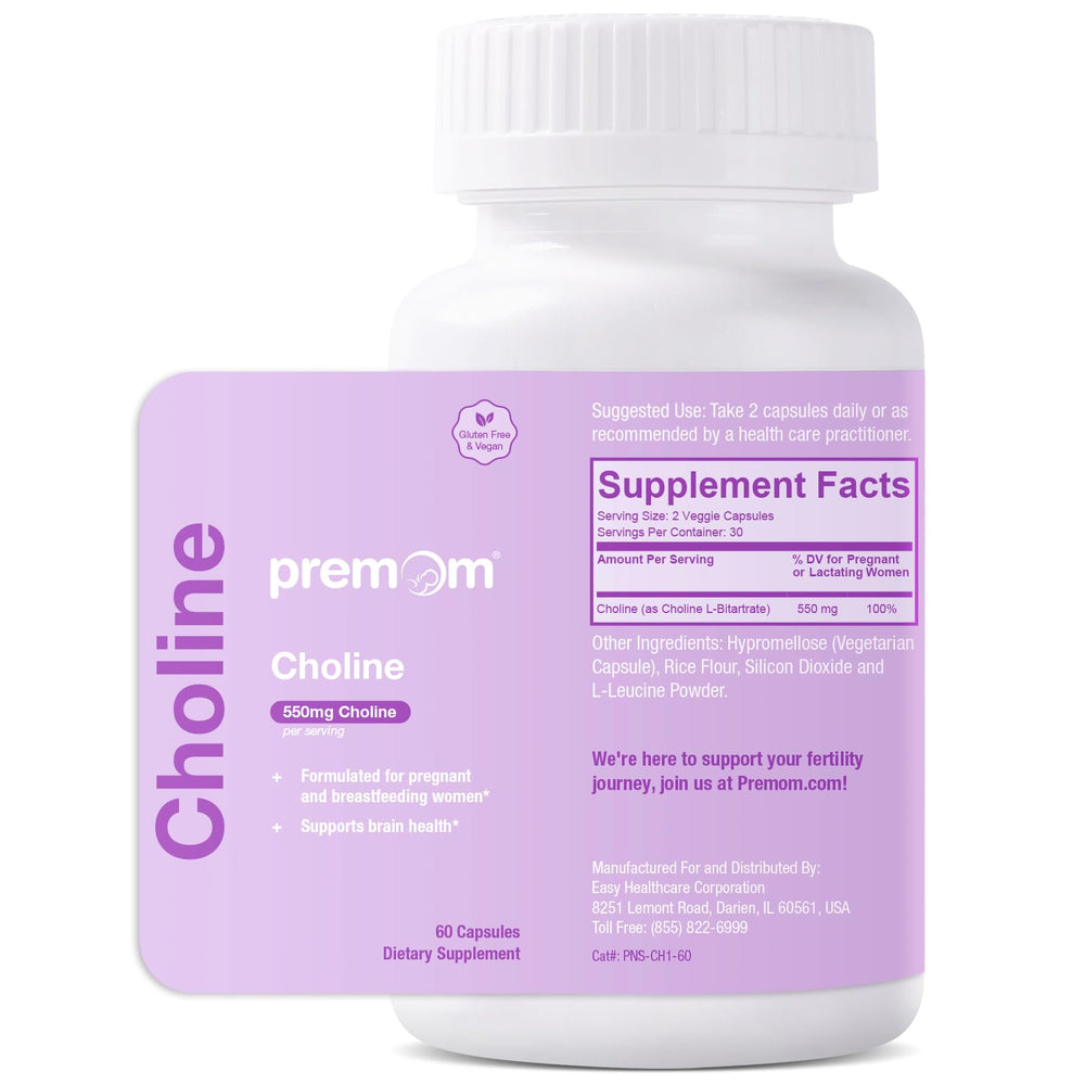 Premom Prenatal Choline bottle close-up highlighting 550 mg per serving for prenatal nutrition.
