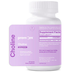 Premom Prenatal Choline bottle close-up highlighting 550 mg per serving for prenatal nutrition.