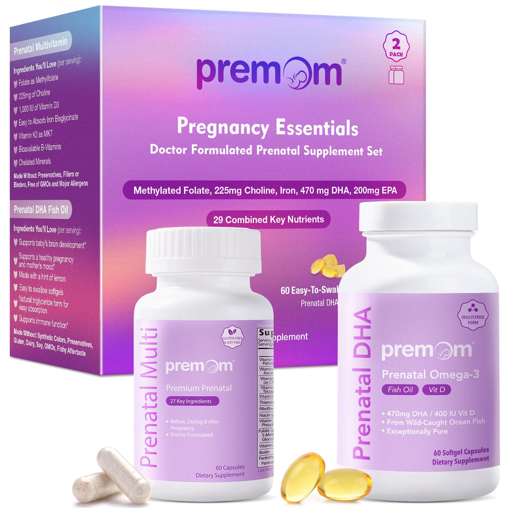 Premom prenatal vitamins bottle showing daily dosage for easy fertility support