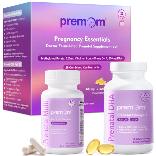 Premom prenatal vitamins bottle showing daily dosage for easy fertility support