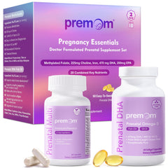 Premom prenatal vitamins bottle showing daily dosage for easy fertility support