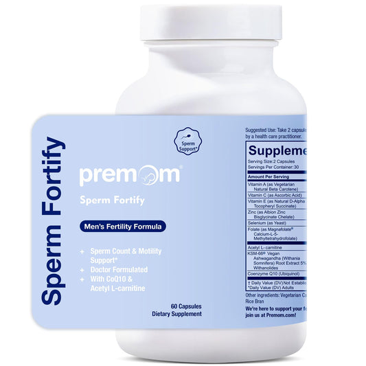 Premom Sperm Fortify bottle cap image emphasizes simple daily dosing for a steady routine.