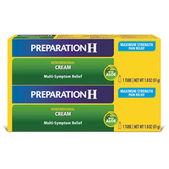 Preparation H maximum-strength cream tube shown for external hemorrhoid symptom relief.