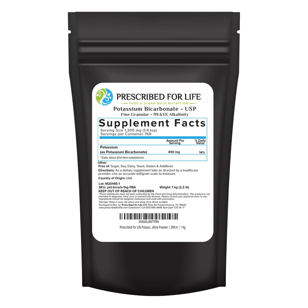 Prescribed For Life potassium bicarbonate packaging shows USP-grade purity for home use