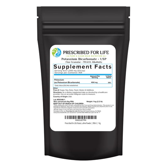 Prescribed For Life potassium bicarbonate packaging shows USP-grade purity for home use