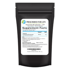 Prescribed For Life potassium bicarbonate packaging shows USP-grade purity for home use