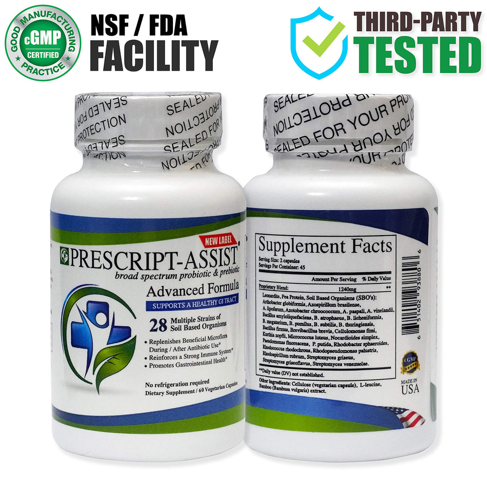 Prescript-Assist 28-strains soil probiotic capsules for balanced gut microflora and immune support.