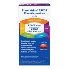 Label detail on PreserVision AREDS softgels displaying copper, zinc and vitamins.