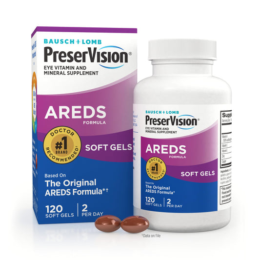 PreserVision AREDS soft gels bottle front view highlighting daily eye health nutrients