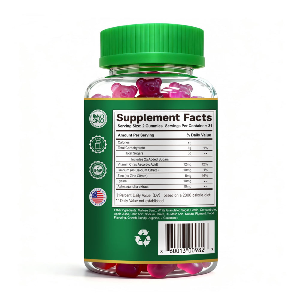 Ingredient panel highlights calcium, vitamin C, zinc and ashwagandha in PRETANT Growth Gummies.