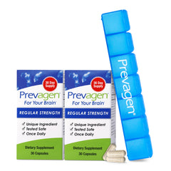 Prevagen Regular Strength 2-pack bottle showing apoaequorin and Vitamin D3 for daily cognitive support.