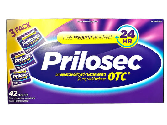 Prilosec OTC 3-pack packaging showing 42 tablets for frequent heartburn relief