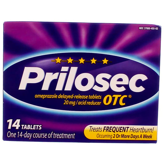 Prilosec OTC bottle labeled for 24-hour heartburn relief