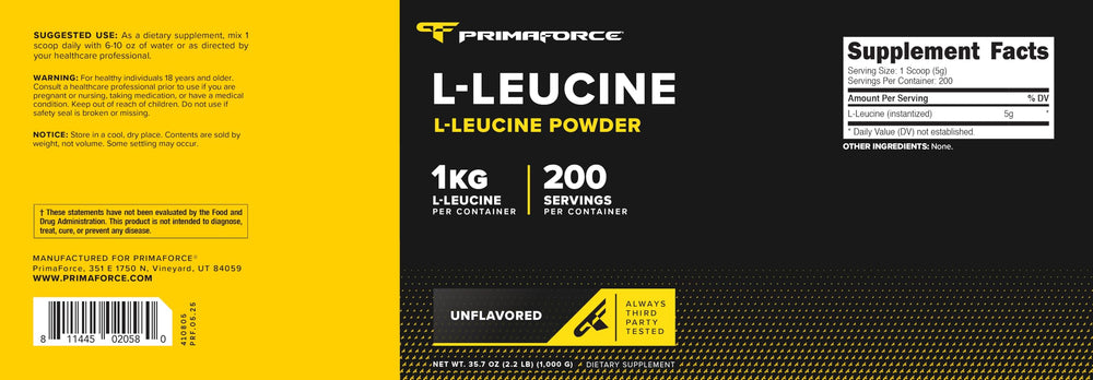 Primaforce L-Leucine powder bottle on shelf in a GMP-certified facility, underscoring quality control.