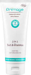 PRIMAGE 2-in-1 Bath and Shampoo bottle for gentle baby skin and hair cleansing.