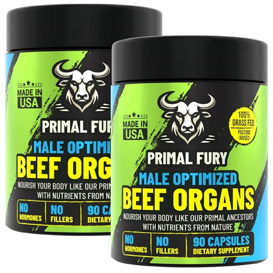 PRIMAL FURY bottle of grass-fed beef organ capsules for daily vitality and routine use.