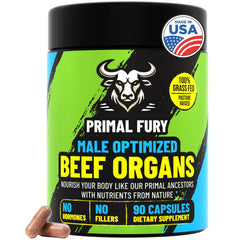 PRIMAL FURY grass-fed beef organ supplement bottle highlighting pasture origin for masculine vitality