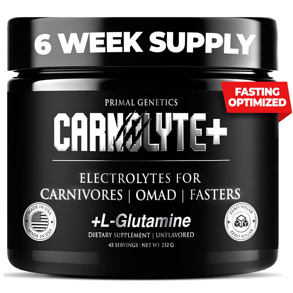 PRIMAL GENETICS Carnolyte+ unflavored powder for steady hydration and amino-acid support.
