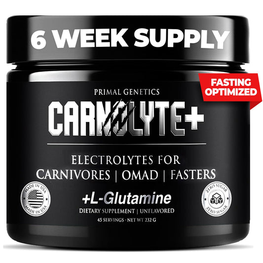 PRIMAL GENETICS Carnolyte+ unflavored powder for steady hydration and amino-acid support.