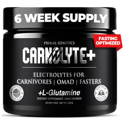 PRIMAL GENETICS Carnolyte+ unflavored powder for steady hydration and amino-acid support.