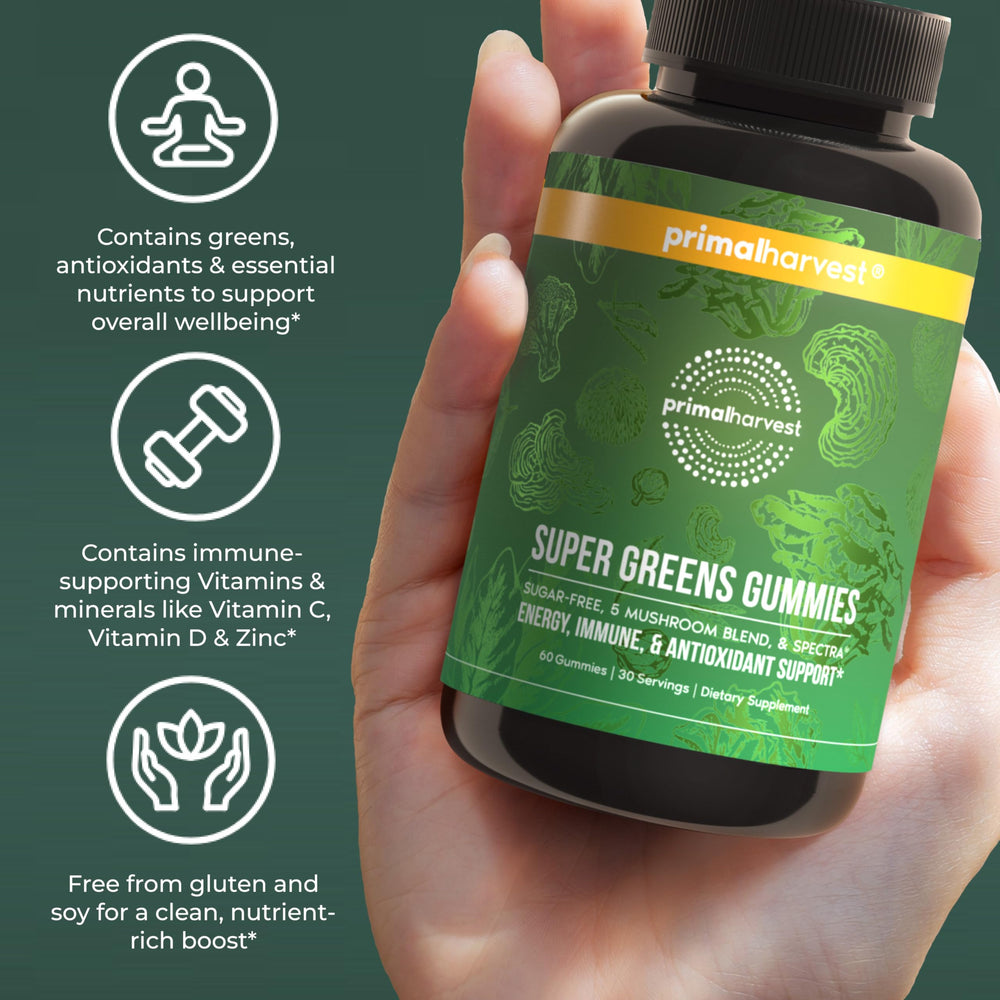 Primal Harvest adaptogenic mushrooms blend inside bottle.