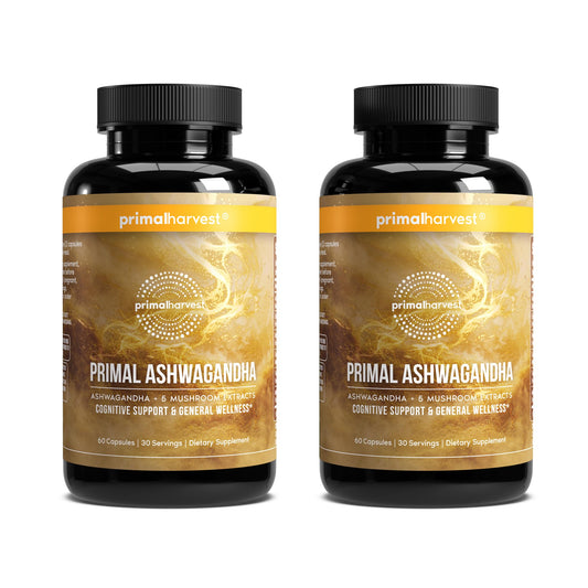 Primal Harvest Ashwagandha 5-mushroom extracts bottle for daily balance